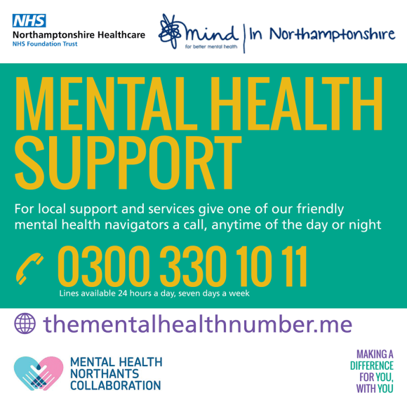 Picture displaying contact info for Mental Health Support integrated unit in Northants, call them on 0300 330 1011